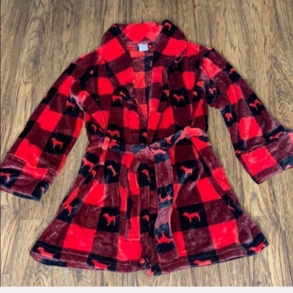 Victoria’s Secret PINK Red Buffalo Plaid Dog Logo Plush Bath Robe Size M/L